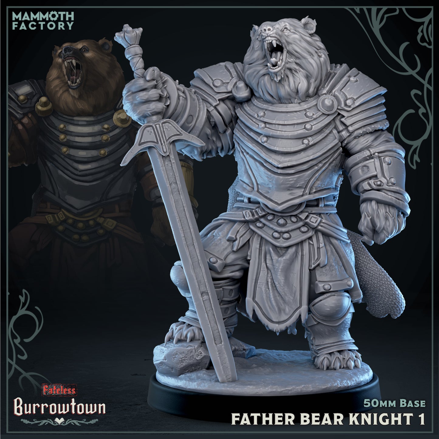 Image shows a 3D render of a bearfolk knight gaming miniature.