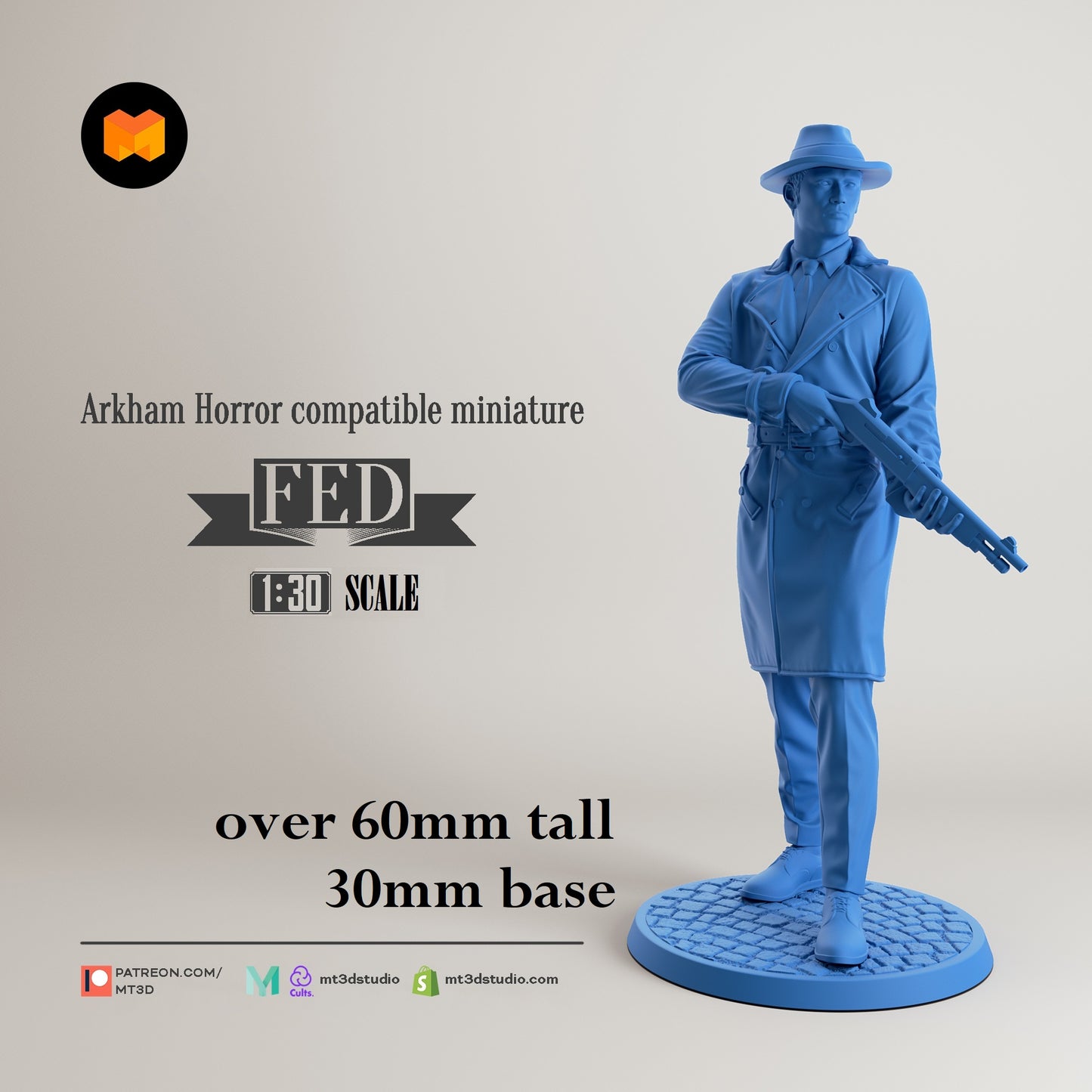 Image shows a 3D render of a 1920s-era federal agent gaming miniature.