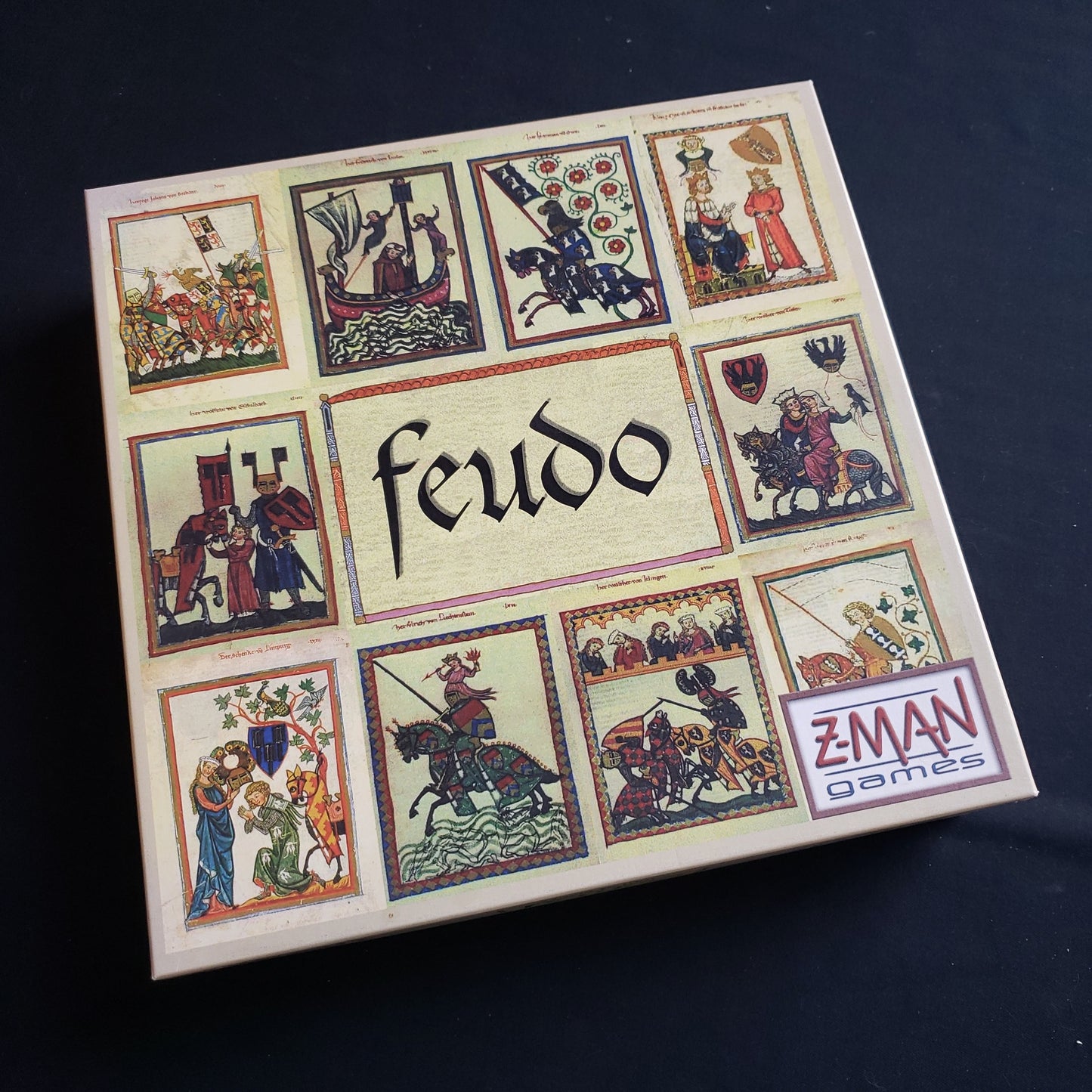 Image shows the front cover of the box of the Feudo board game