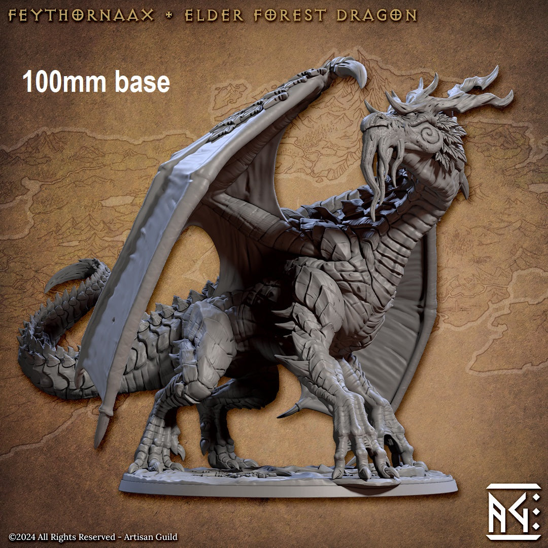 Image shows a 3D render of a large elder forest dragon gaming miniature