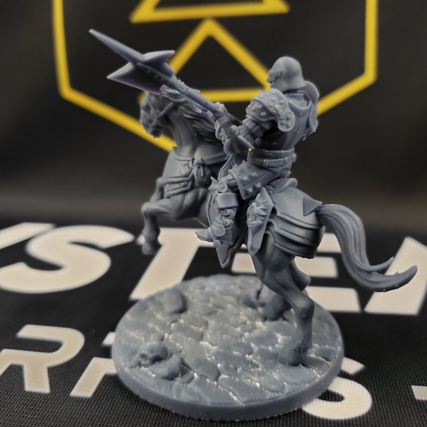 Image shows the back of a 3D printed mounted cavalry knight gaming miniature