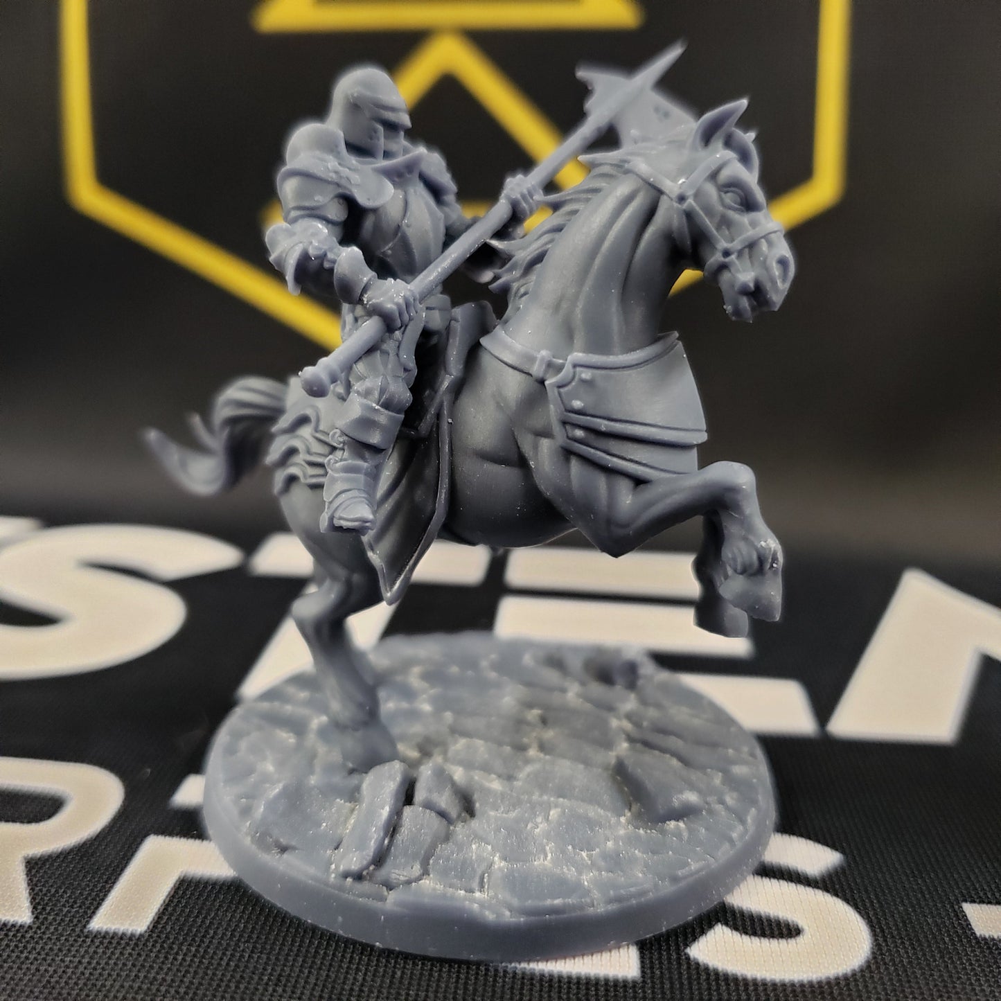 Image shows a 3D printed mounted cavalry knight gaming miniature