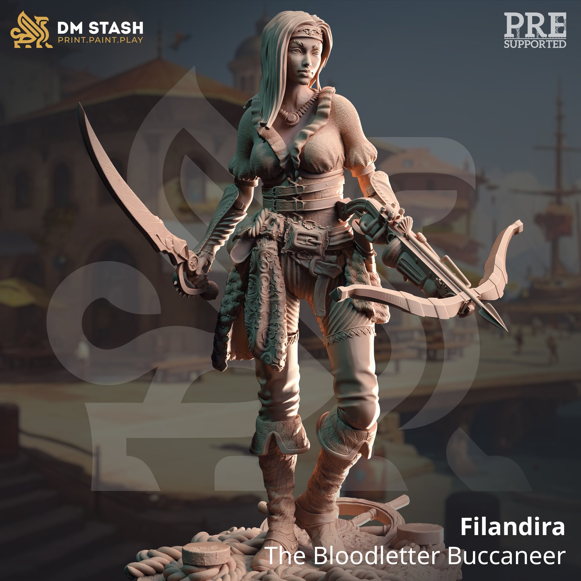 Image shows a 3D render of a pirate gaming miniature holding a crossbow and sword