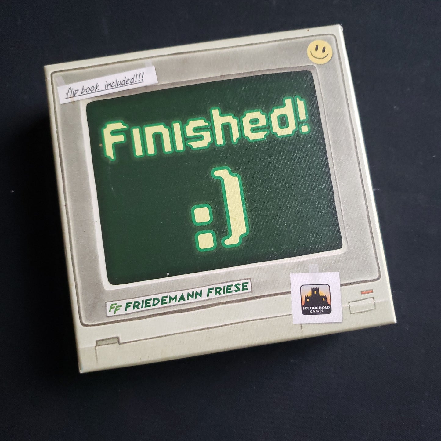 Image shows the front cover of the box of the Finished! card game