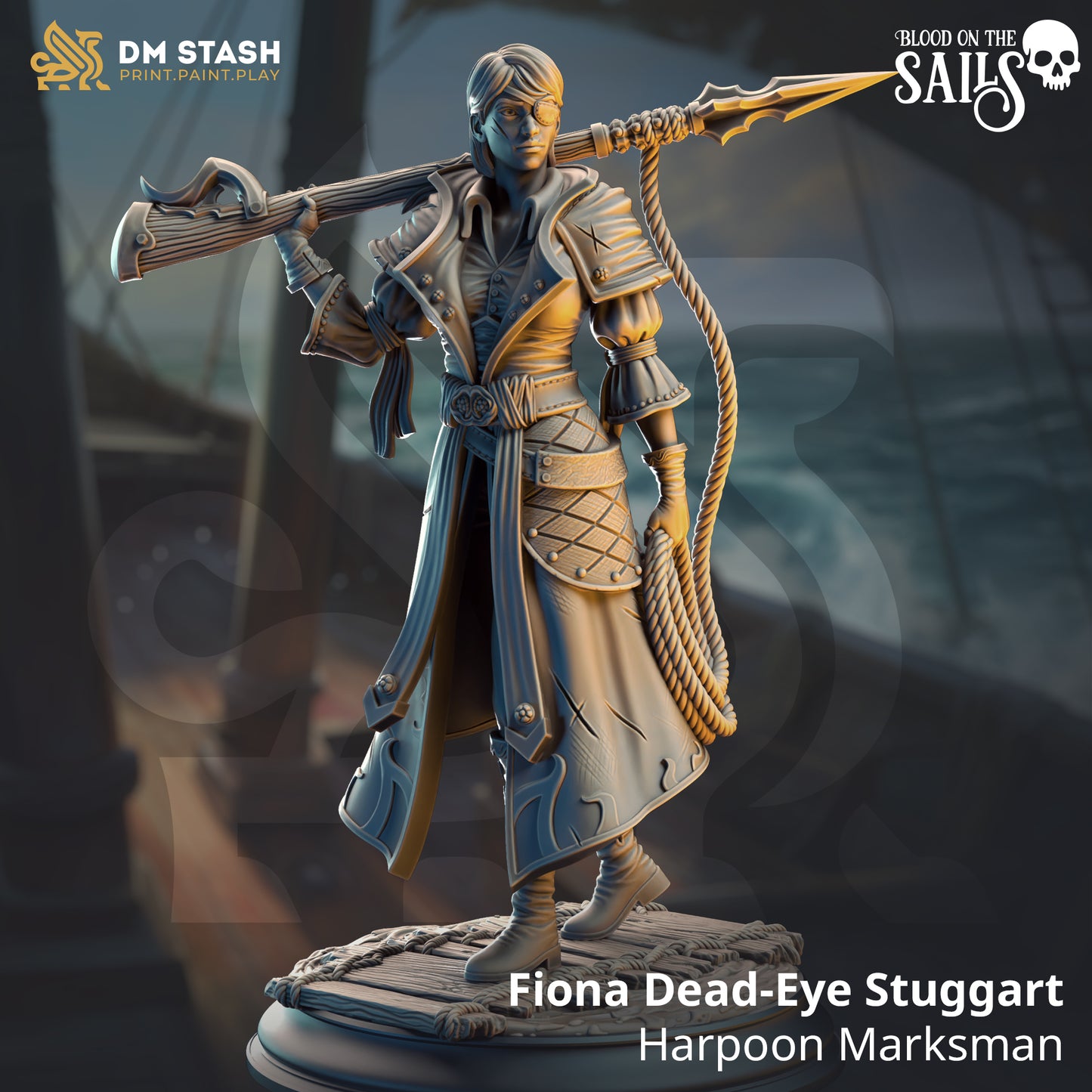 Image shows a 3D render of a human sharpshooter gaming miniature holding a harpoon gun on her shoulder