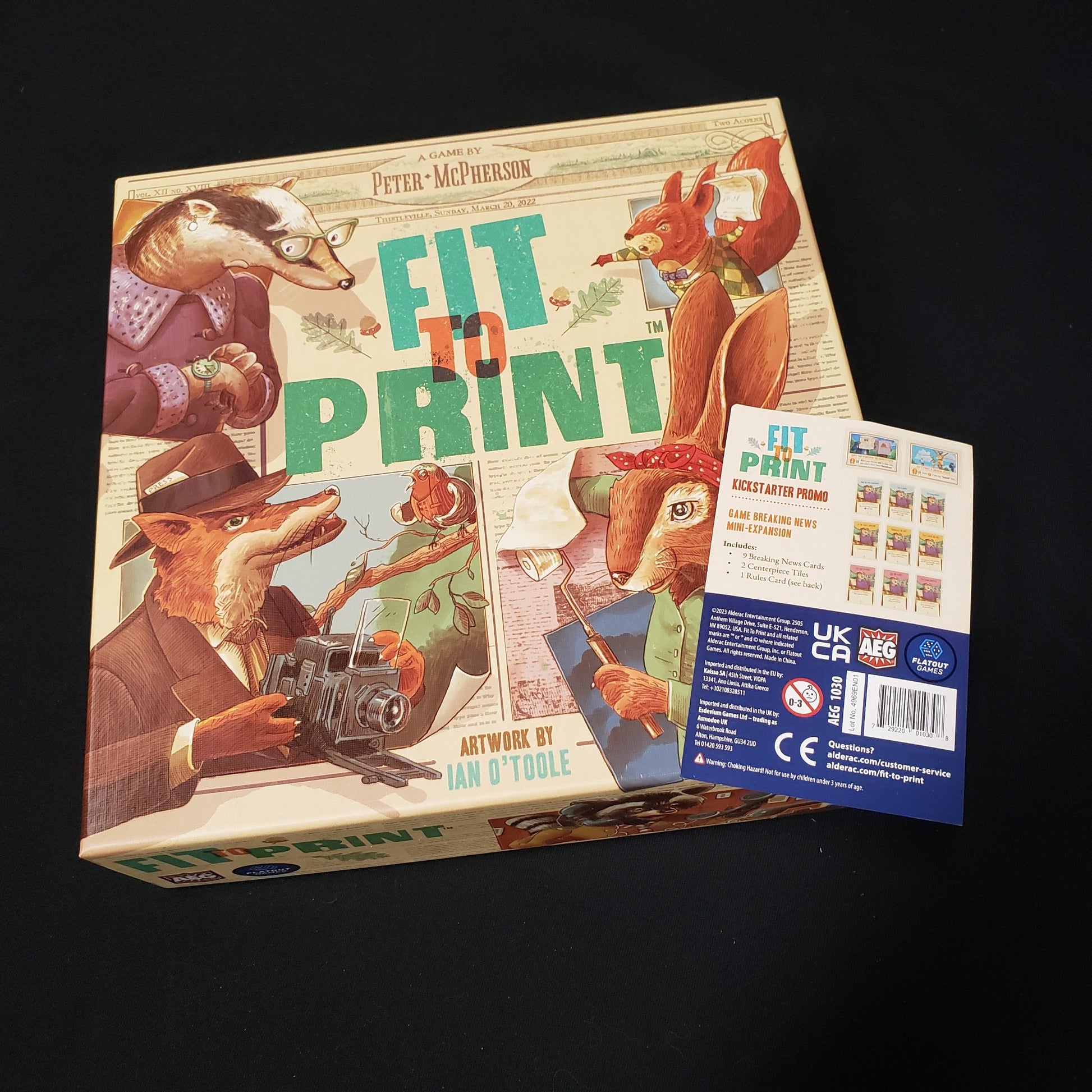 Image shows the front cover of the box of the Fit to Print board game with the slip for the Kickstarter Promo Pack sitting on top of it