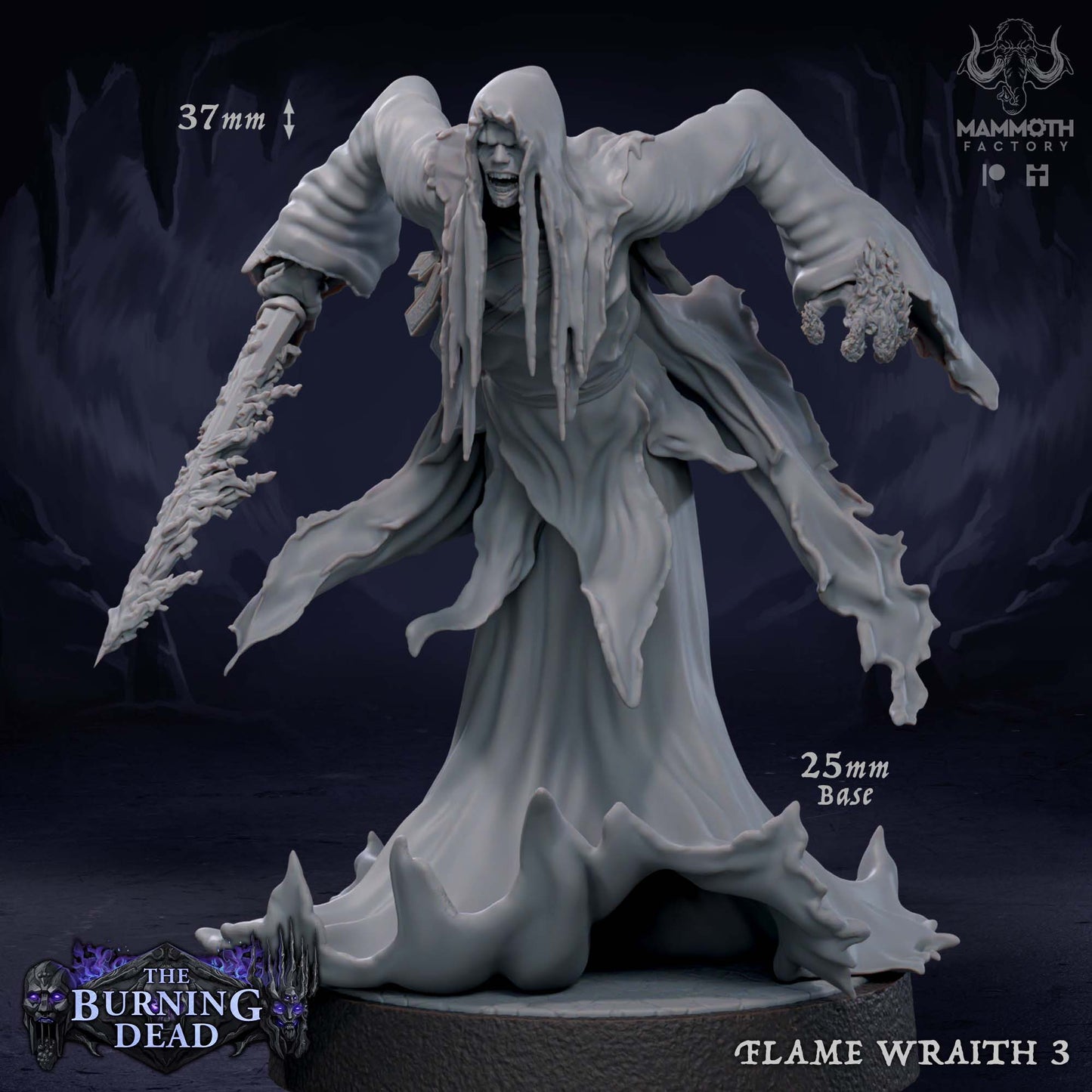 Image shows a 3D render of a wraith on fire gaming miniature.