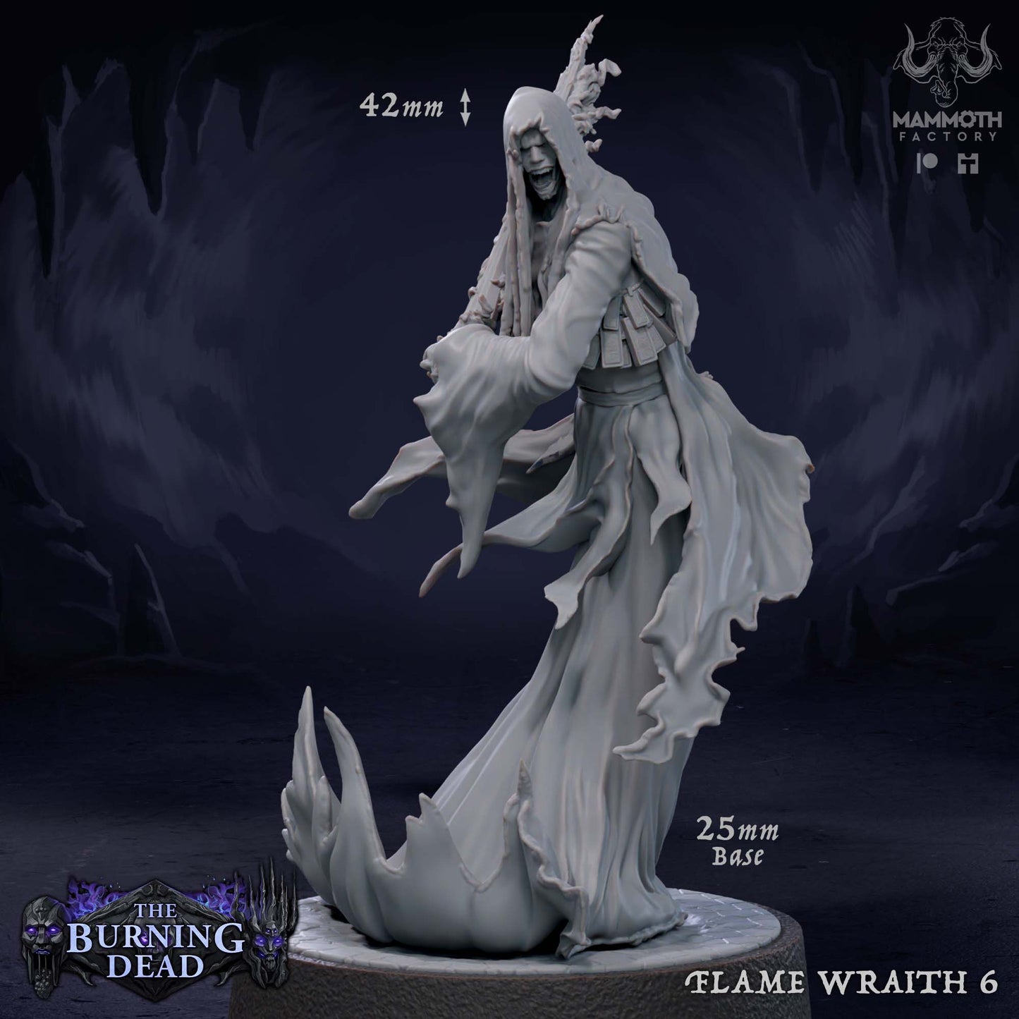Image shows a 3D render of a wraith on fire gaming miniature.