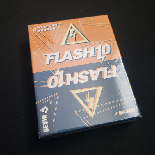 Image shows the front cover of the box of the Flash 10 card game