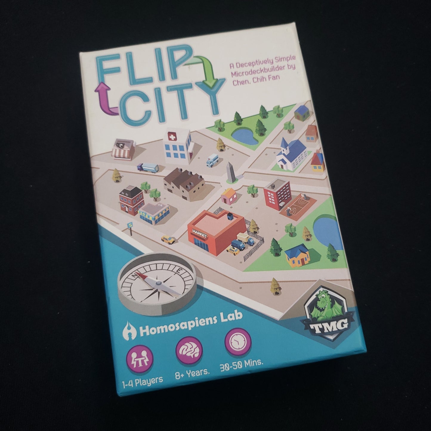 Image shows the front cover of the box of the Flip City card game