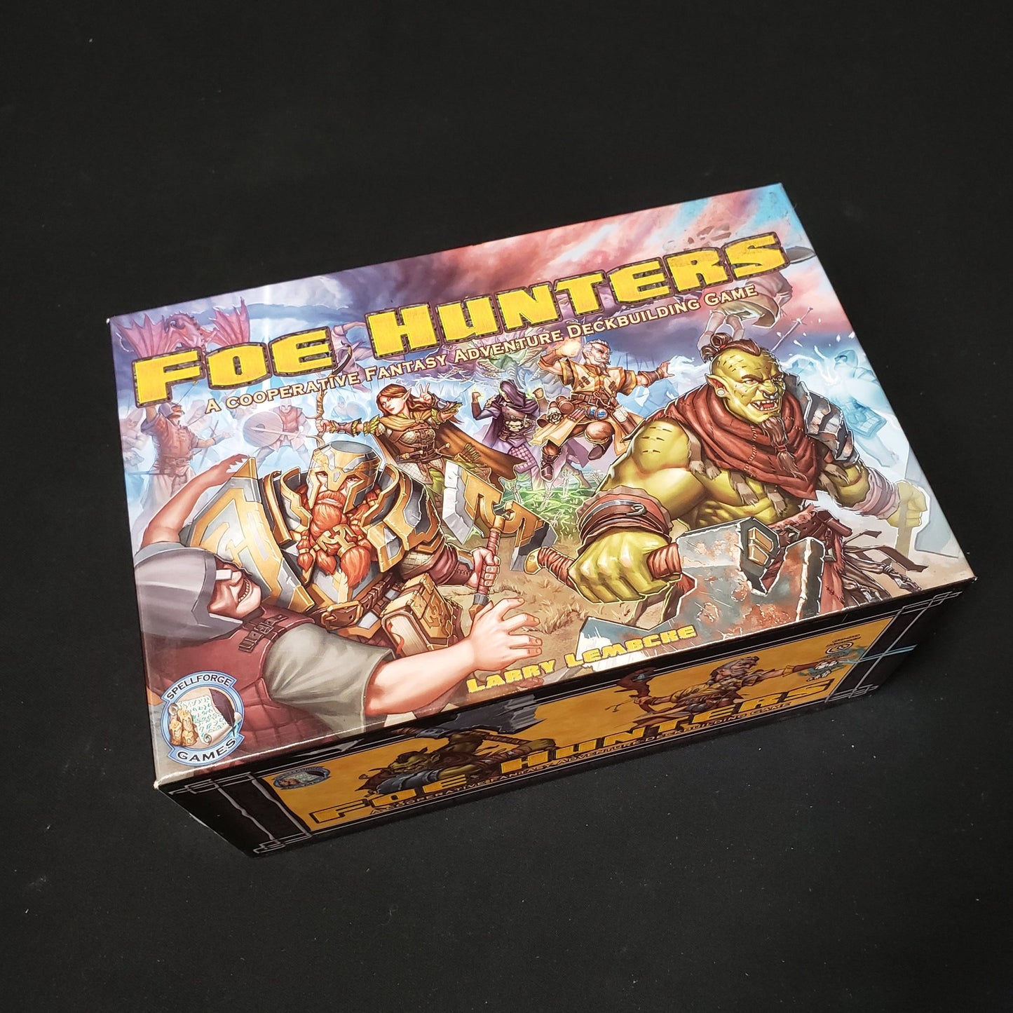 Image shows the front cover of the box of the Foe Hunters card game