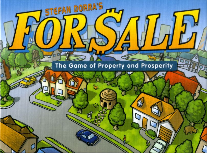Image shows the front cover of the box for the For Sale card game