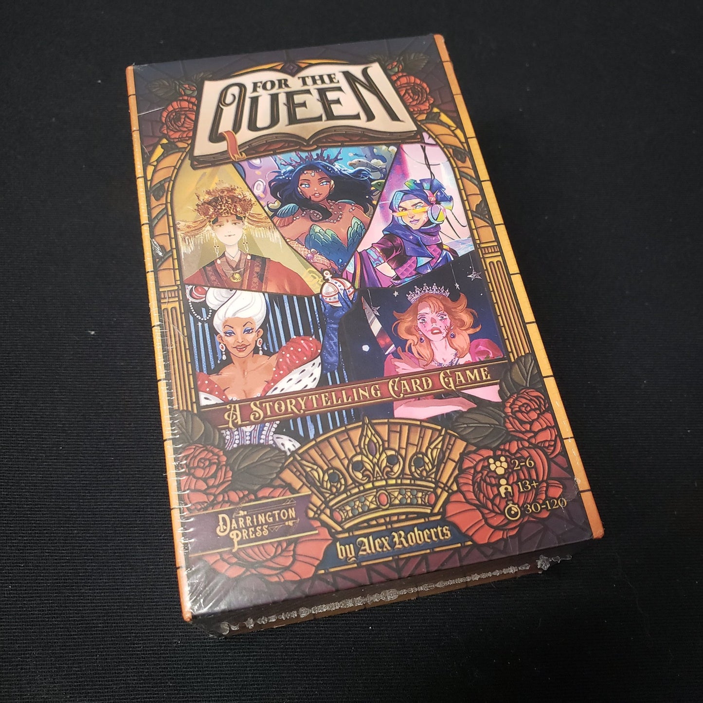 Image shows the front cover of the box of the For The Queen RPG card set