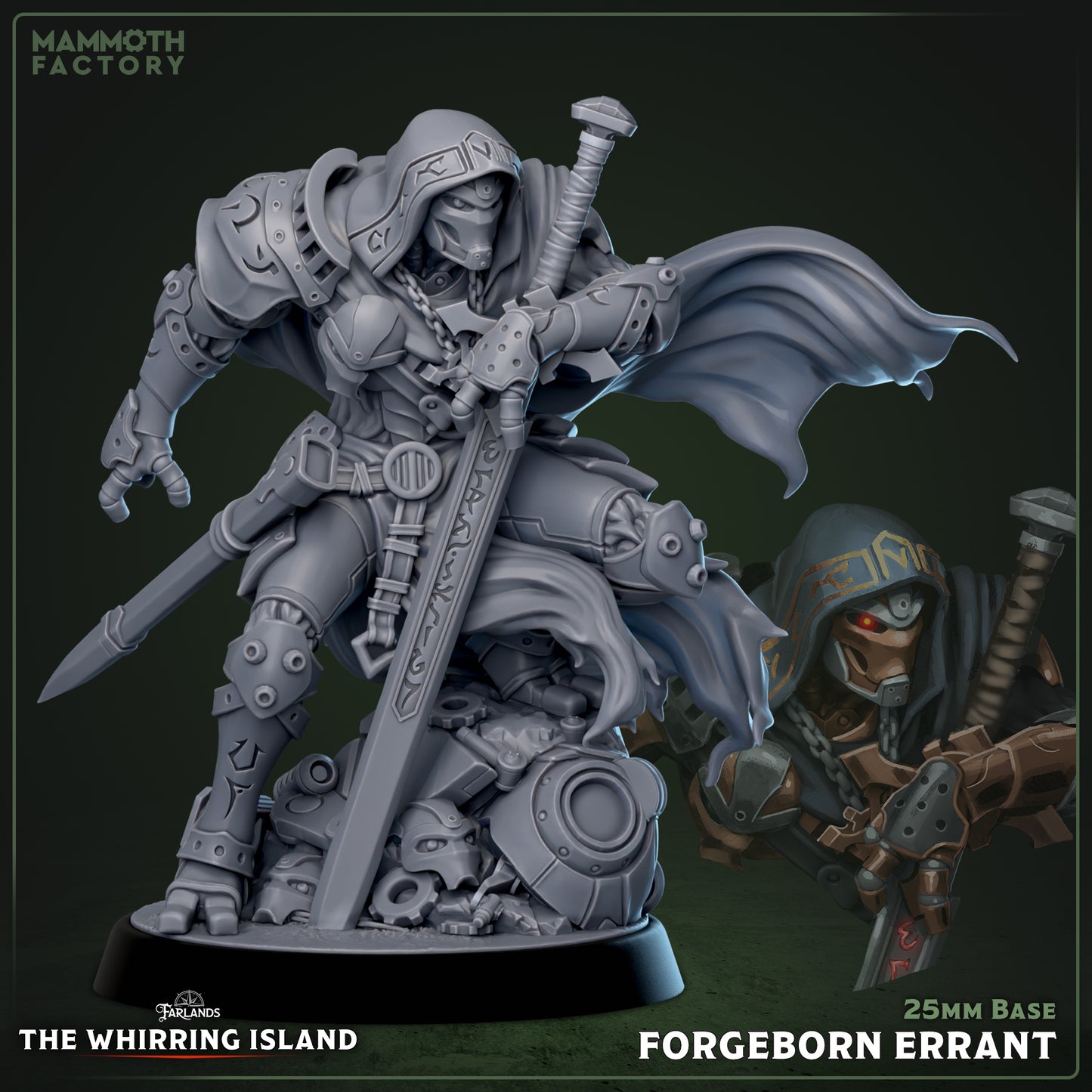 Image shows a 3D render of a warforged paladin gaming miniature.