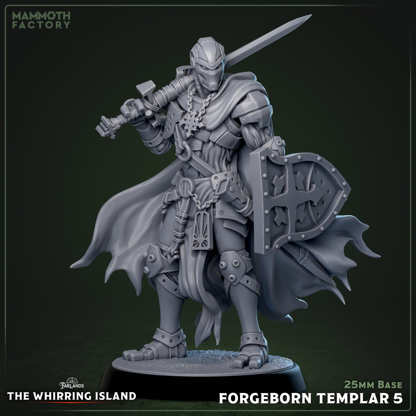 Image shows a 3D render of a warforged knight gaming miniature.