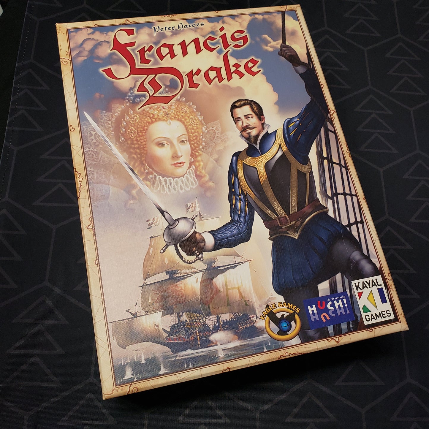Image shows the front cover of the box of the Francis Drake board game