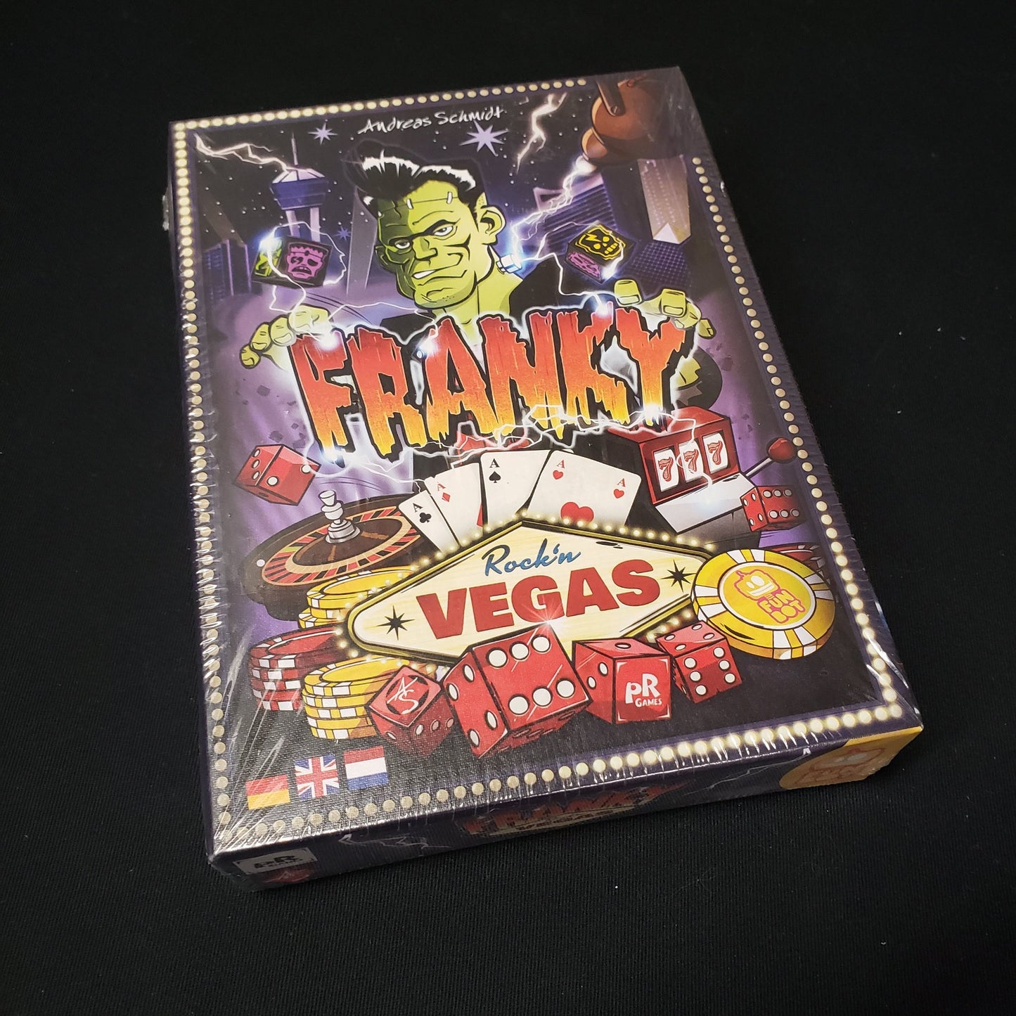 Image shows the front cover of the box of the Franky: Rock'n Vegas board game