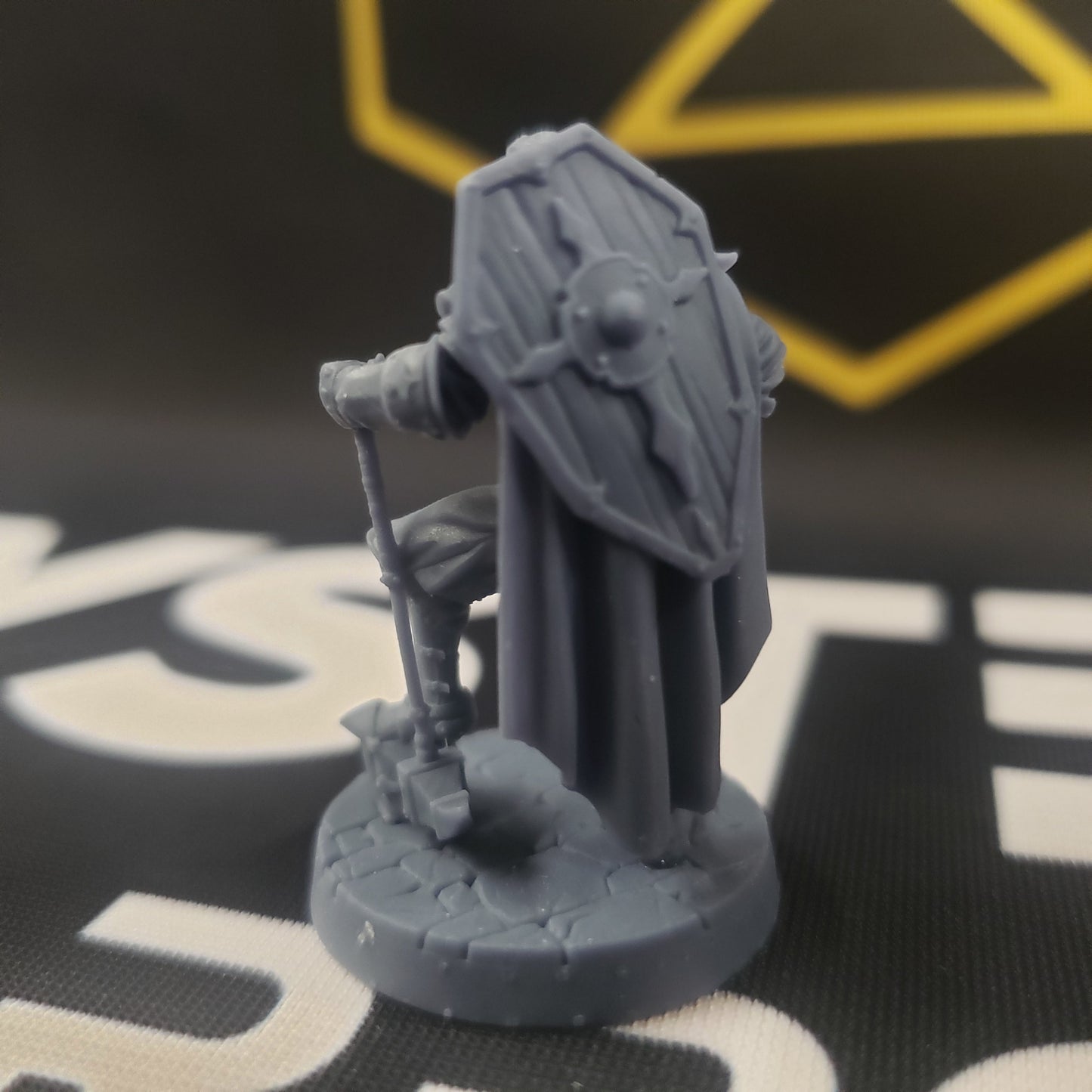 Image shows the back of a 3D printed half-orc paladin gaming miniature