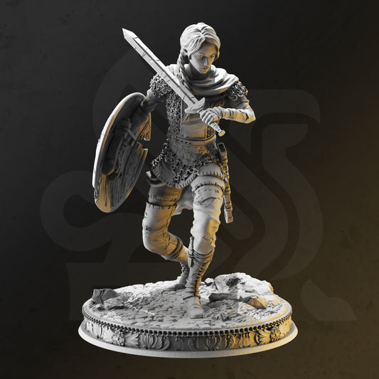 Image shows an 3D render of a human paladin gaming miniature, holding a sword in one hand & a shield in the other
