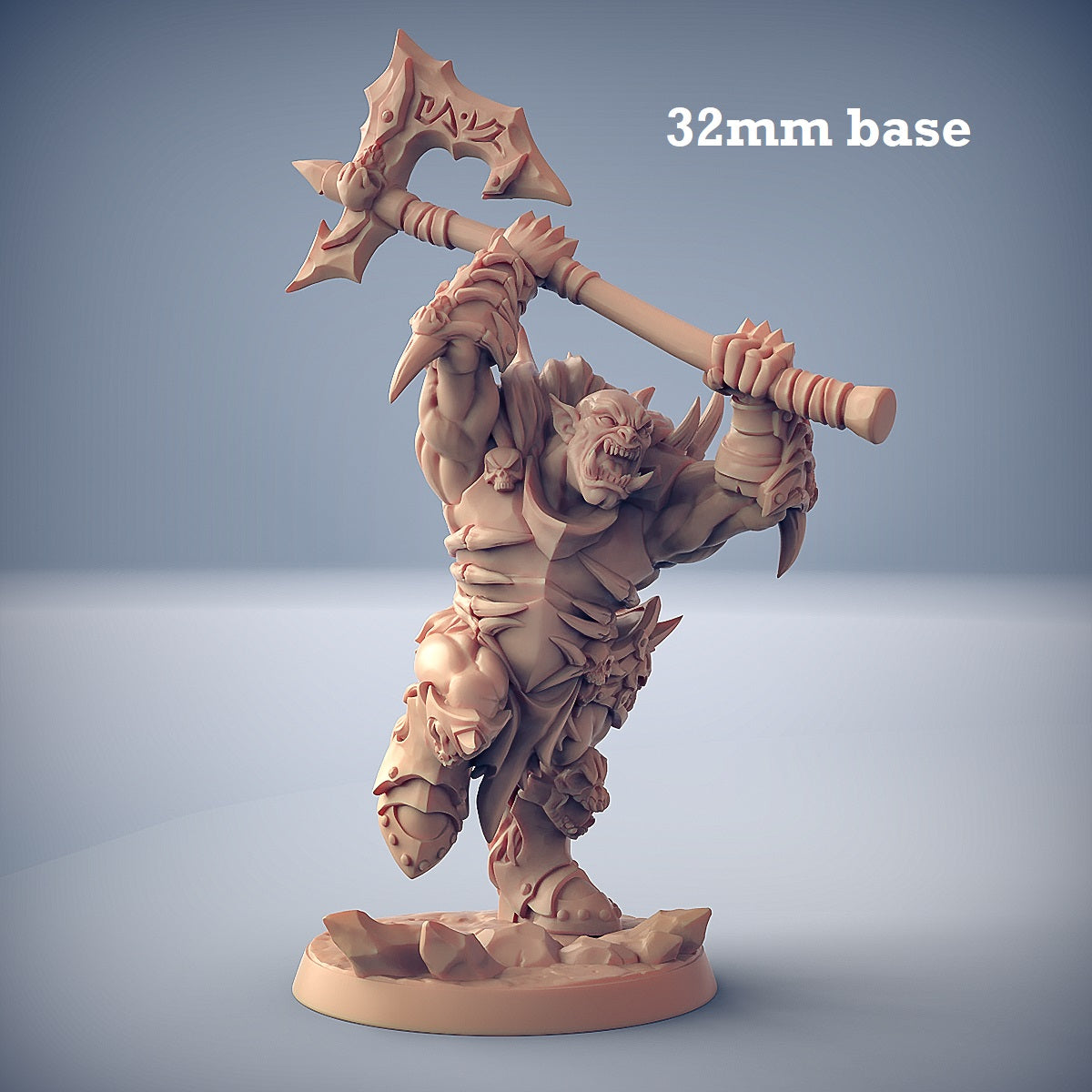 Image shows a 3D render of an orc barbarian gaming miniature
