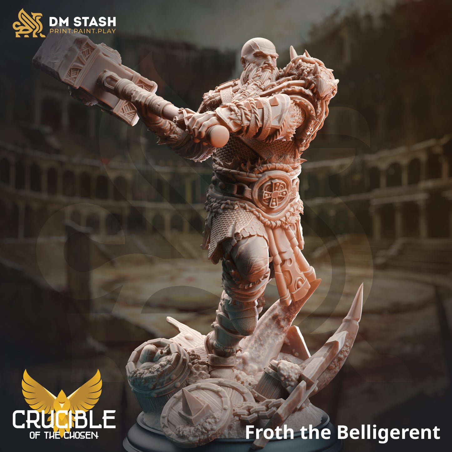 Image shows an 3D render of a human barbarian gaming miniature, wielding a large two-handed hammer
