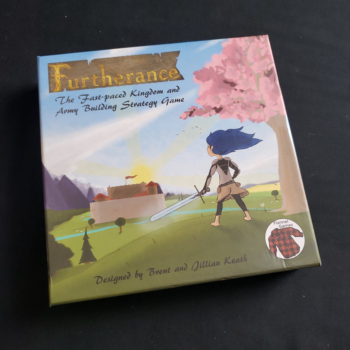 Image shows the front cover of the box of the Furtherance board game