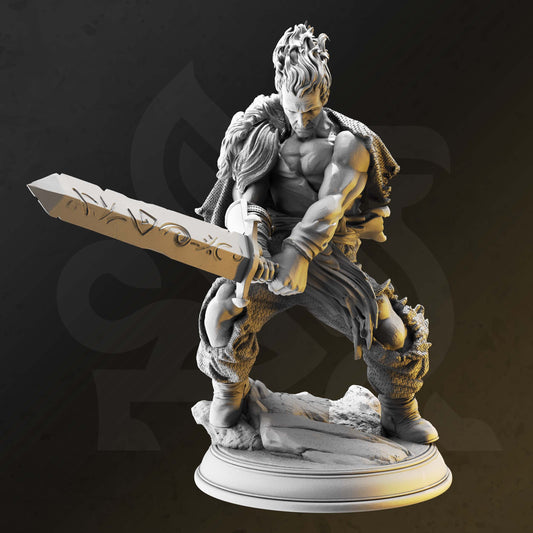 Image shows an 3D render of a human bloodhunter gaming miniature, holding a giant sword