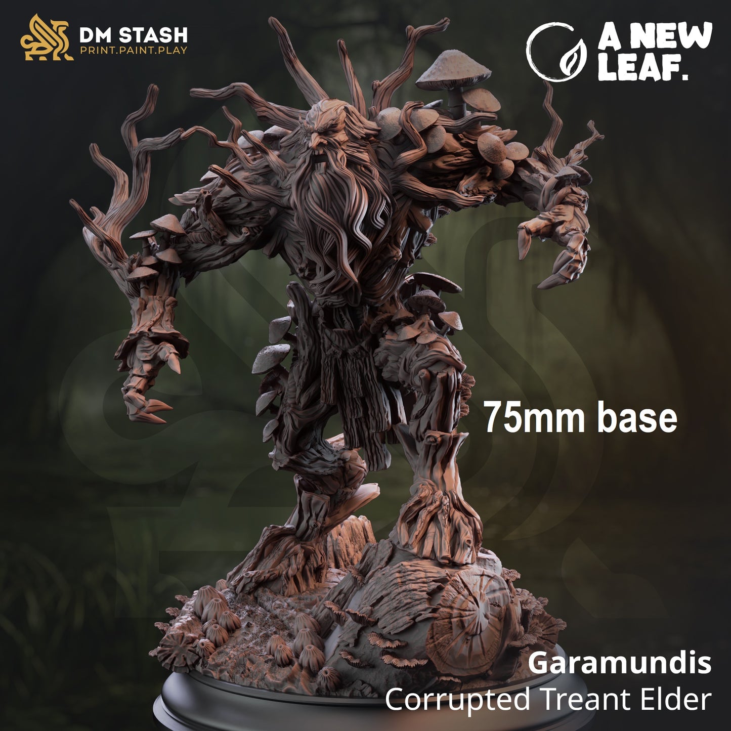 Image shows an 3D render of a bearded treant gaming miniature with mushrooms growing out if it