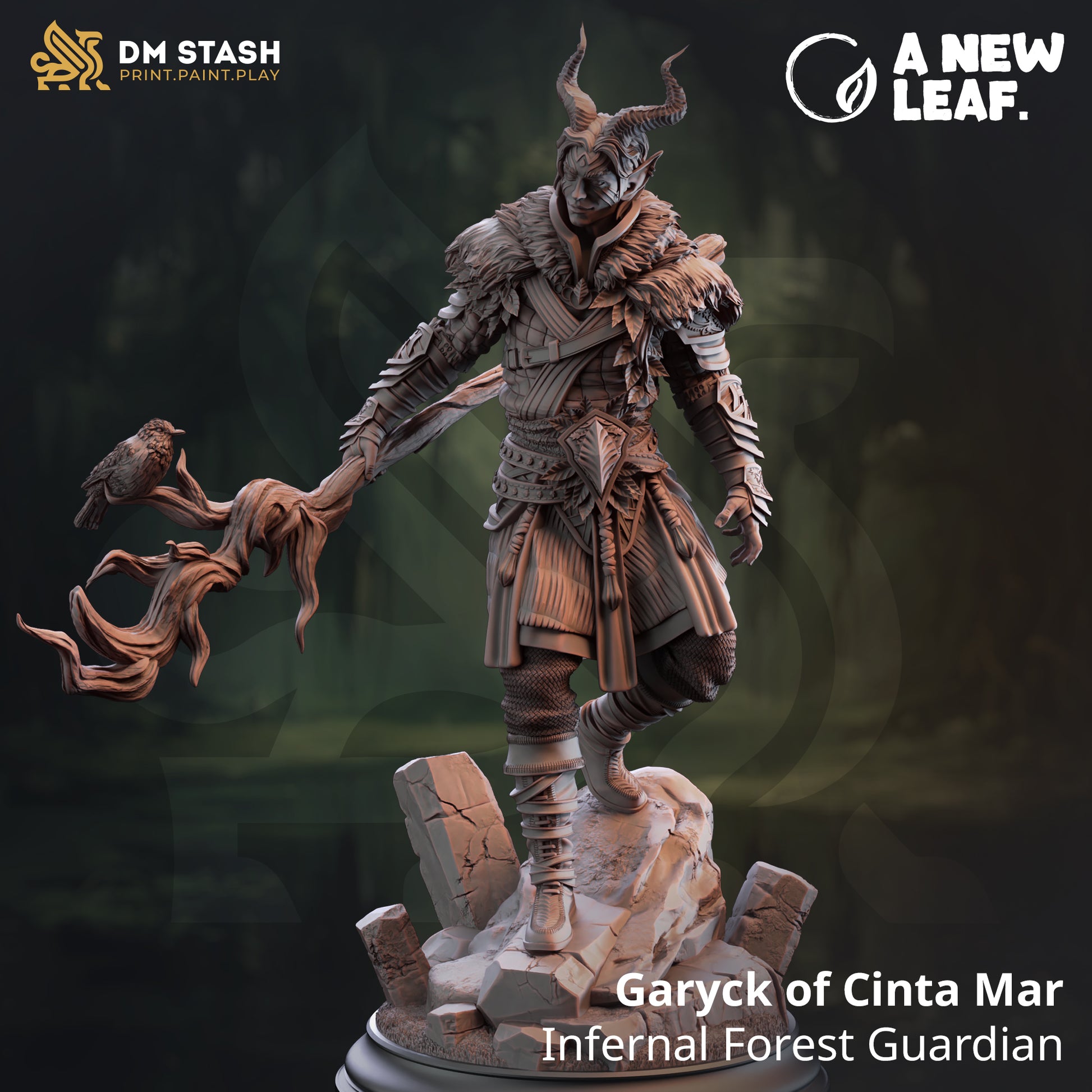 Image shows an 3D render of a tiefling druid gaming miniature descending some rocks, holding a large twisted staff