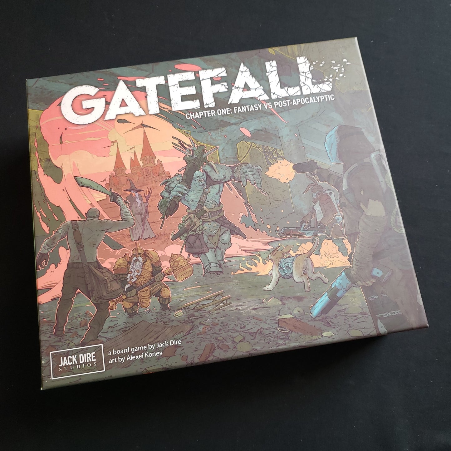 Image shows the front cover of the box of the Gatefall board game