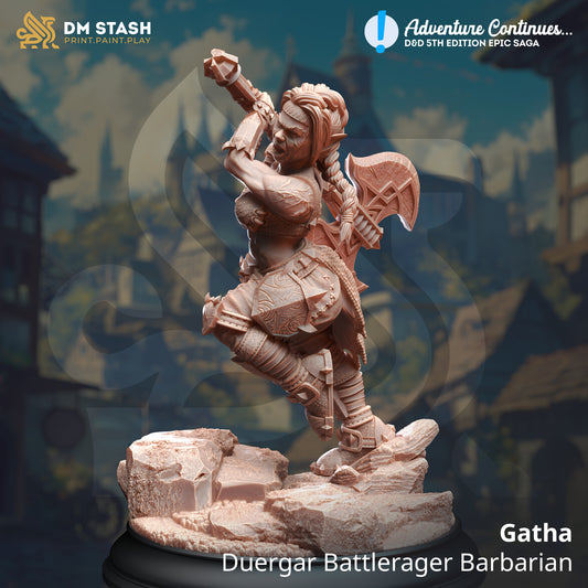 Image shows a 3D render of a dwarf barbarian gaming miniature holding a large battle axe