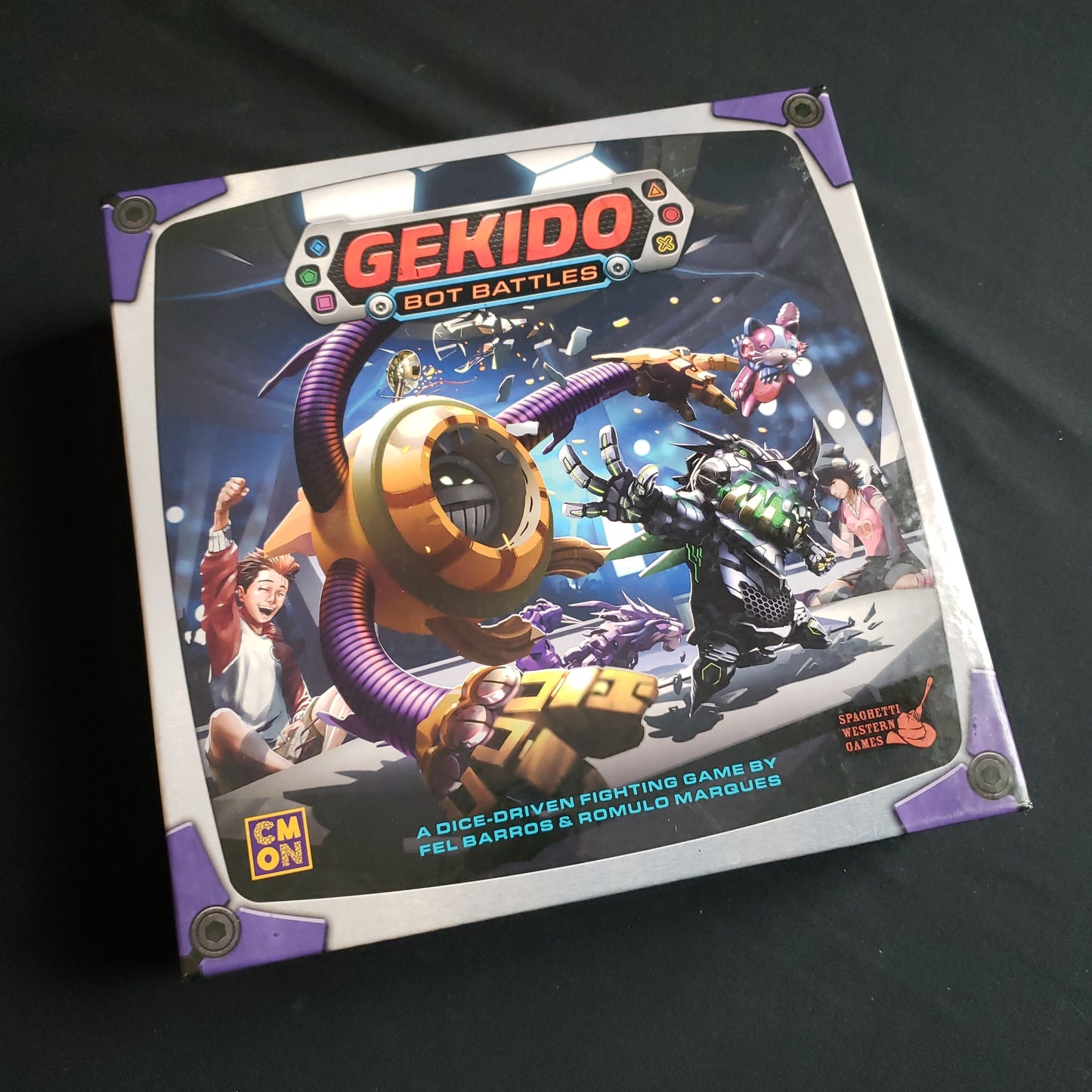 Image shows the front cover of the box of the Gekido: Bot Battles board game
