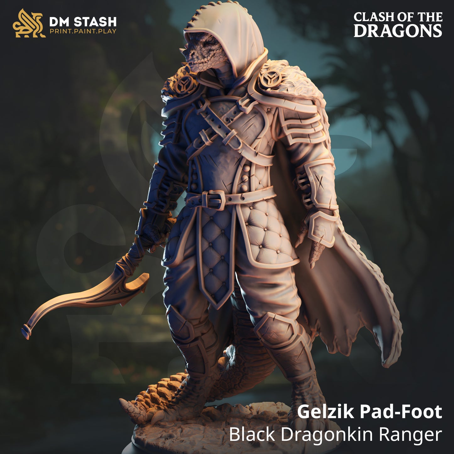 Image shows a 3D render of a dragonborn ranger gaming miniature.