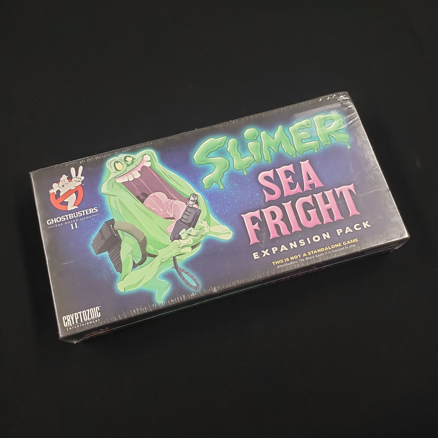 Image shows the front cover of the box of the Slimer Sea Fright expansion for Ghostbusters: The Board Game II