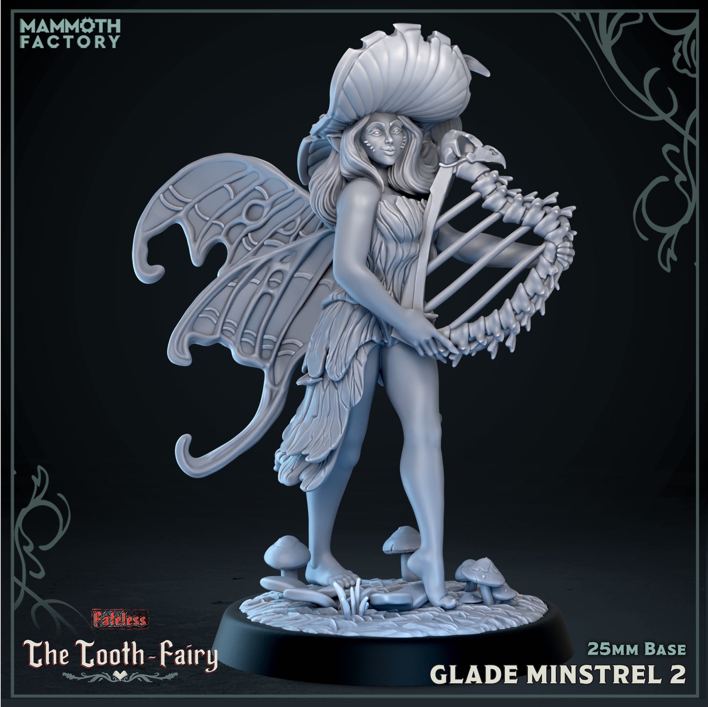 Image shows a 3D render of a mushroom fairy musician gaming miniature.