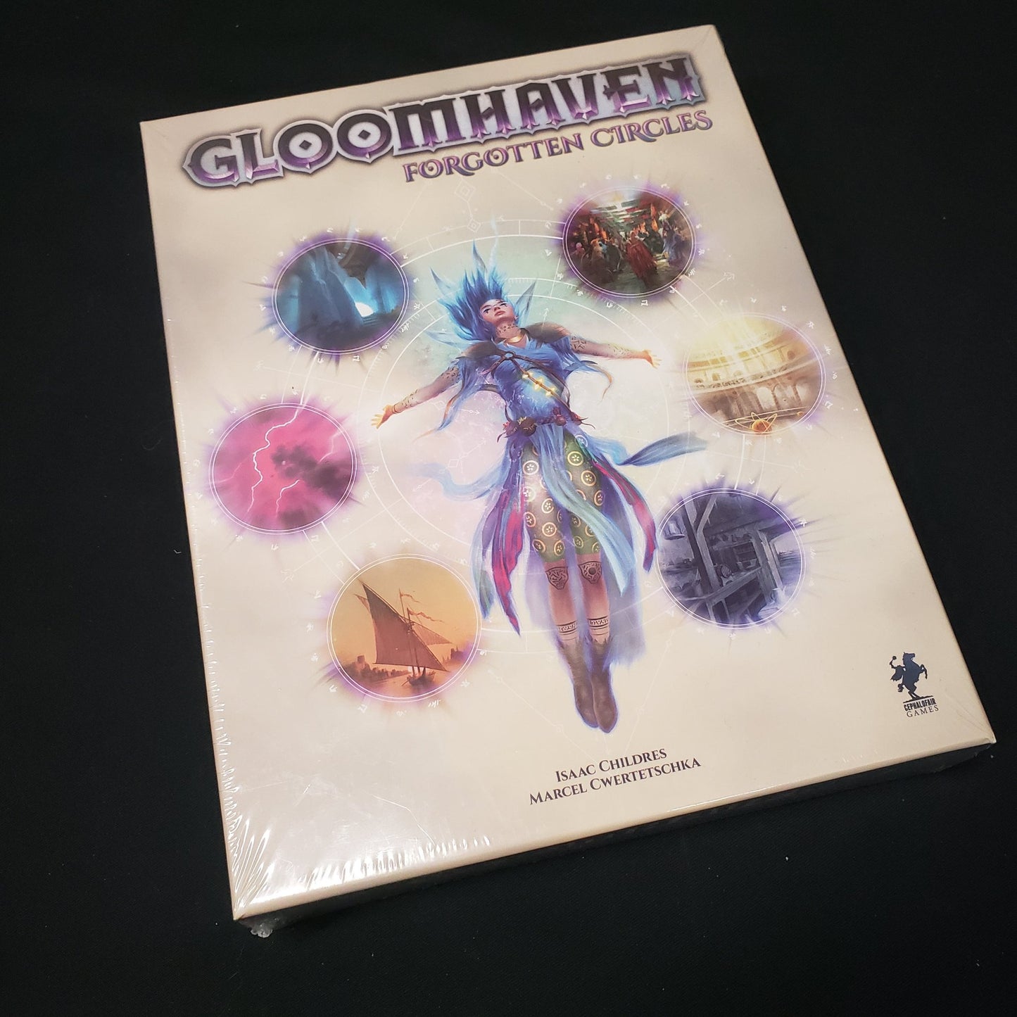 Image shows the front cover of the box for the Forgotten Circles expansion from the board game Gloomhaven