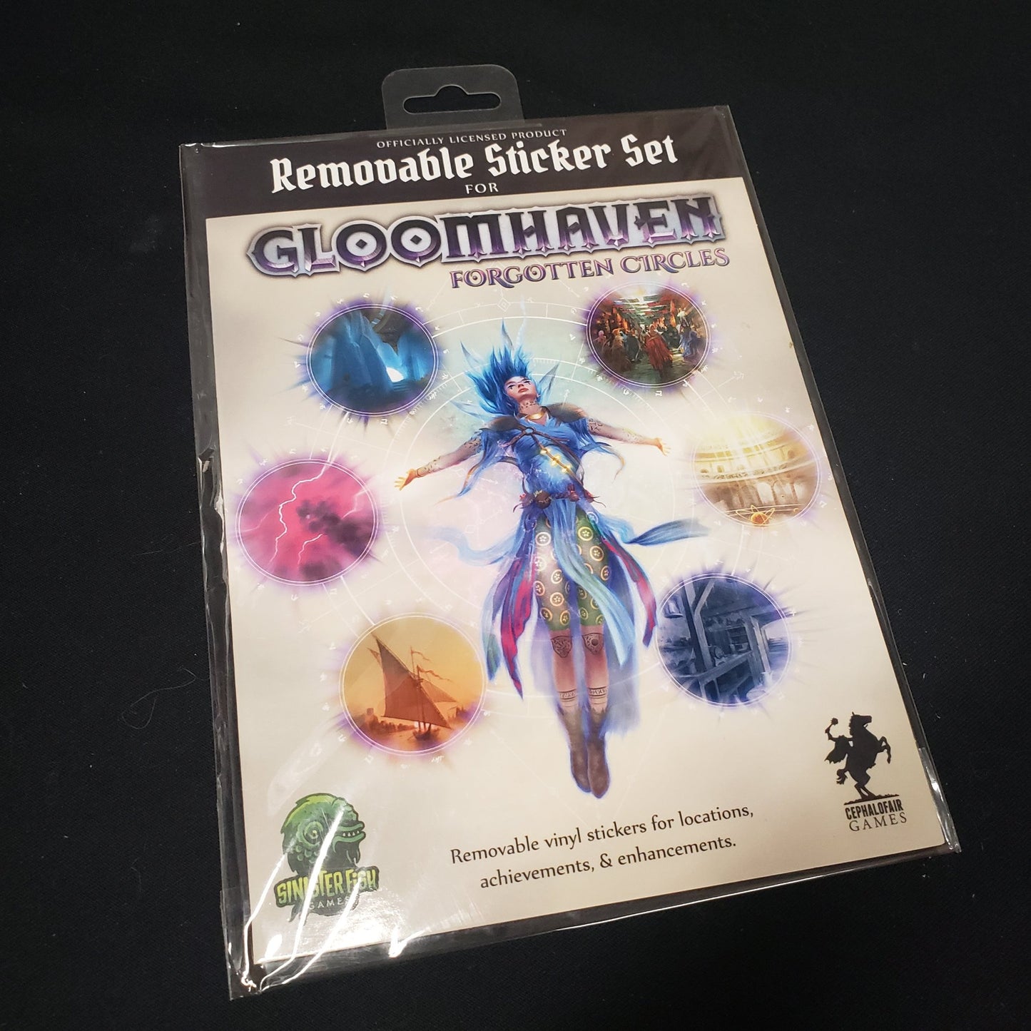 Image shows the front cover of the package for the Forgotten Circles Removeable Sticker Set from the board game Gloomhaven