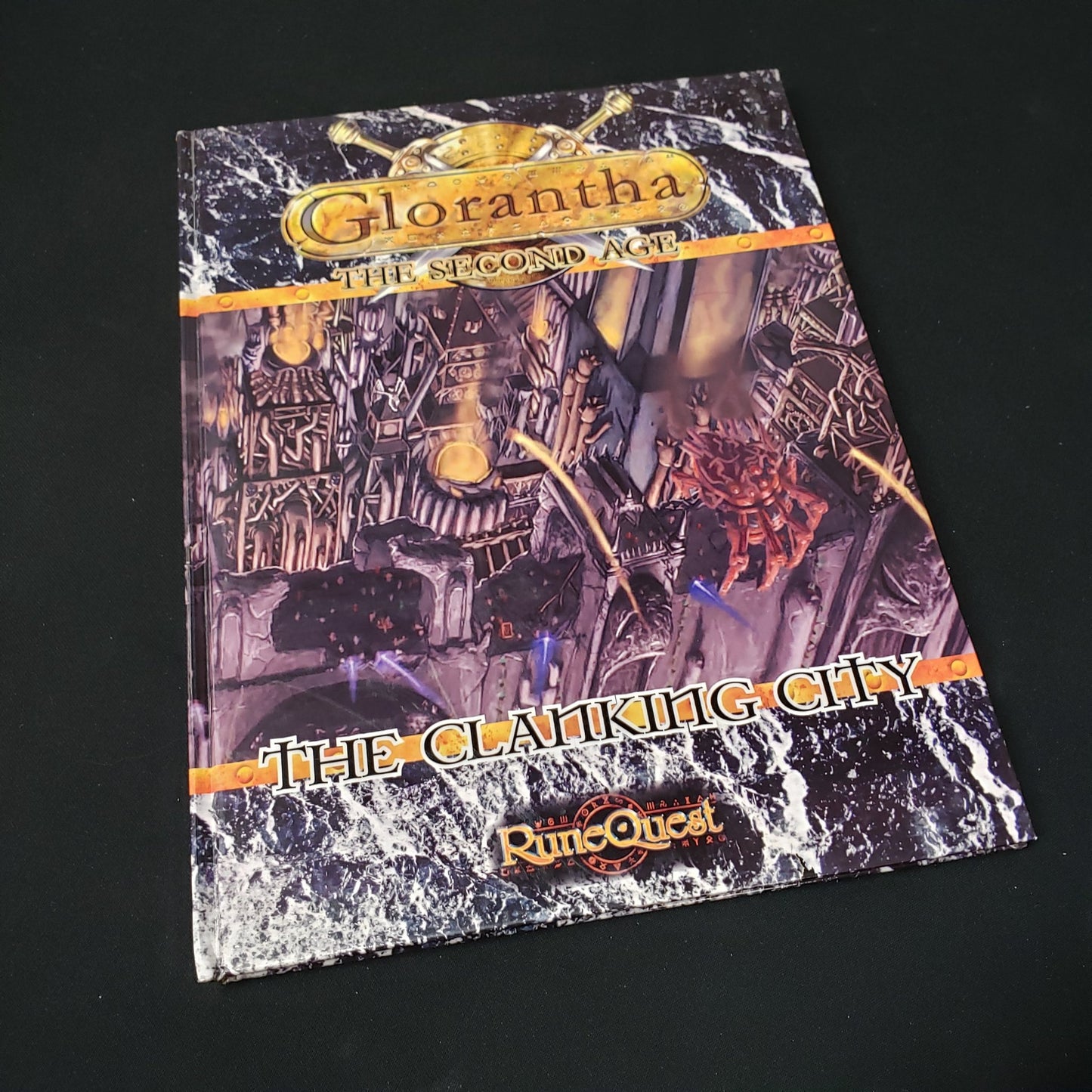 Image shows the front cover of the Clanking City book for the roleplaying game Glorantha