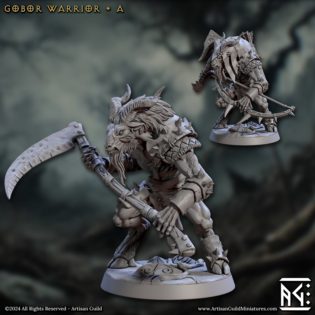 Image shows 3D renders for two different sculpt options for a capra warrior gaming miniature, one holding a scythe and the other holding an axe & bow