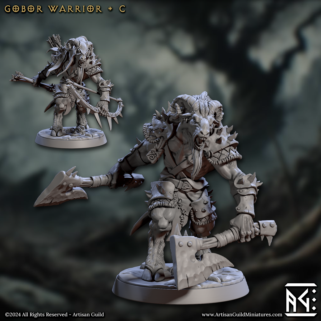 Image shows 3D renders for two different sculpt options for a capra warrior gaming miniature, one holding two axes and the other holding an bundle of arrows & bow