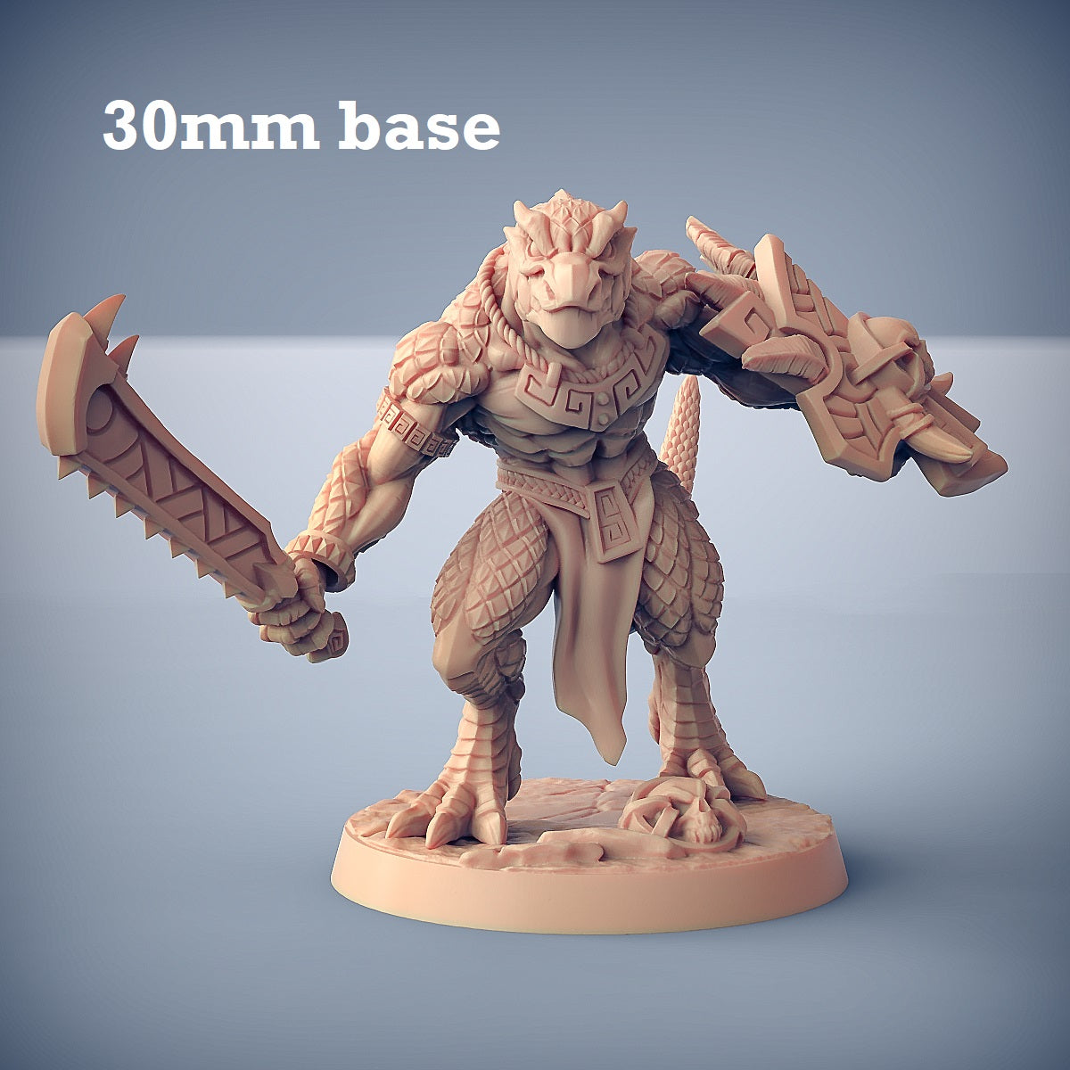 Image shows a 3D render of a lizardfolk warrior gaming miniature.