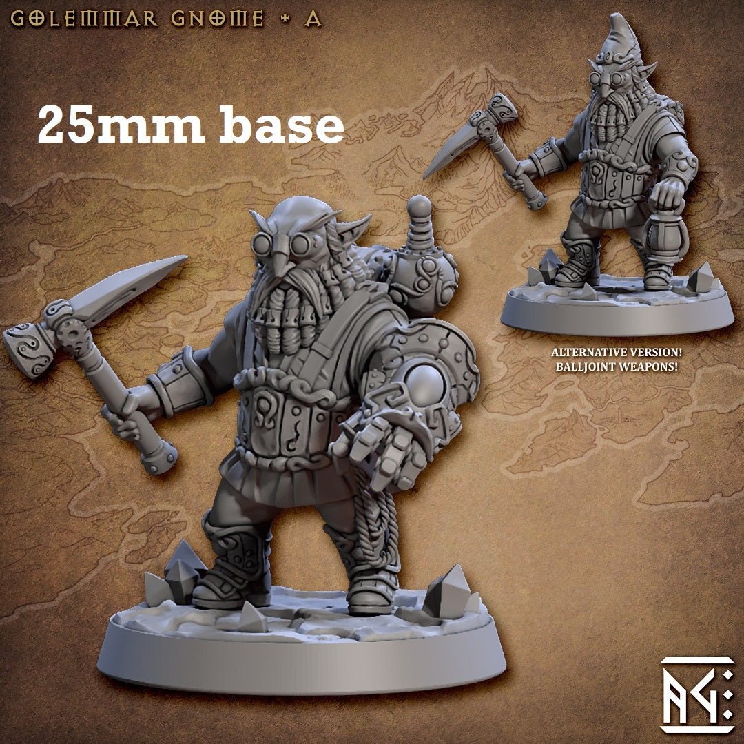 Image shows 3D renders of two sculpt options for a gnome artificer gaming miniature.