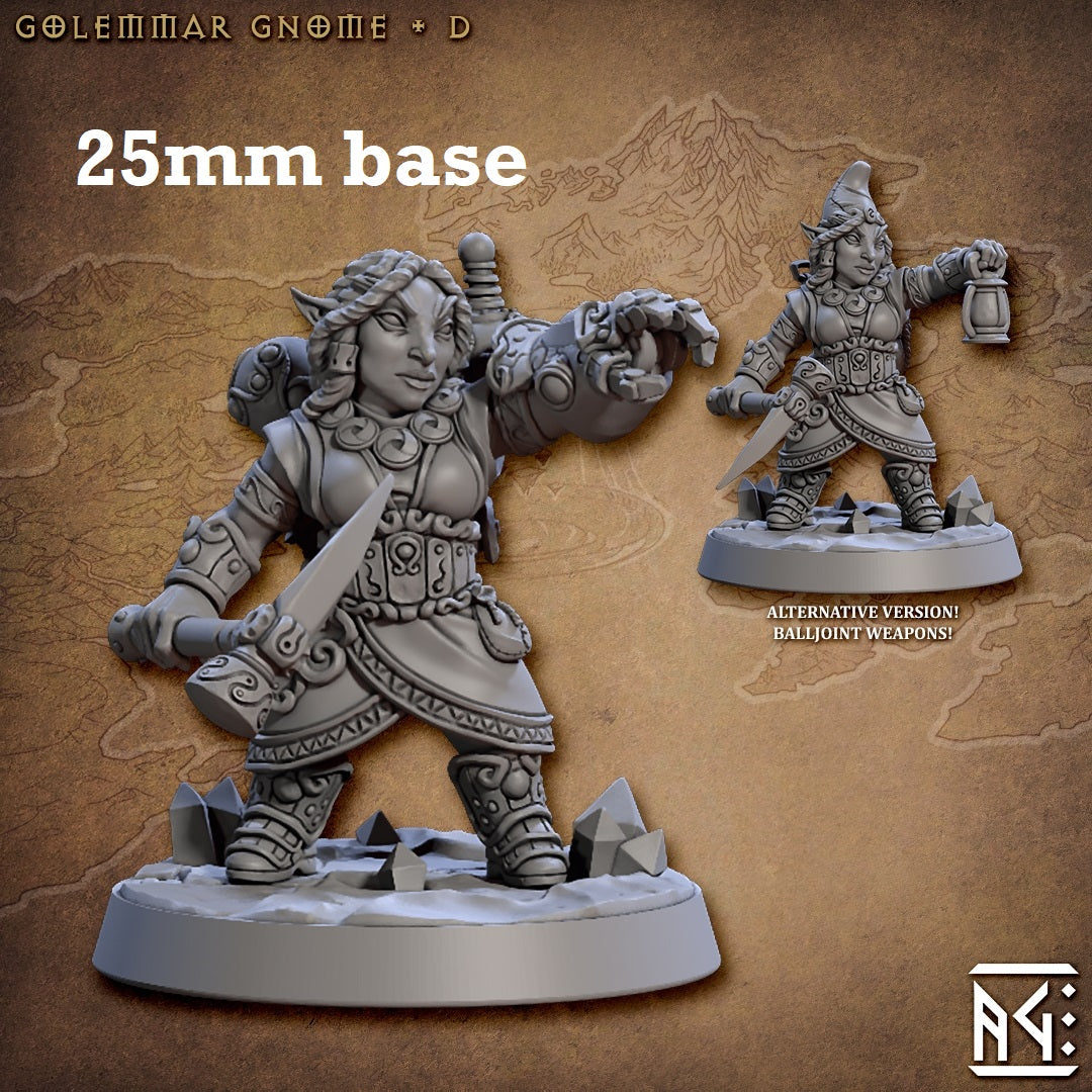 Image shows 3D renders of two sculpt options for a gnome artificer gaming miniature.