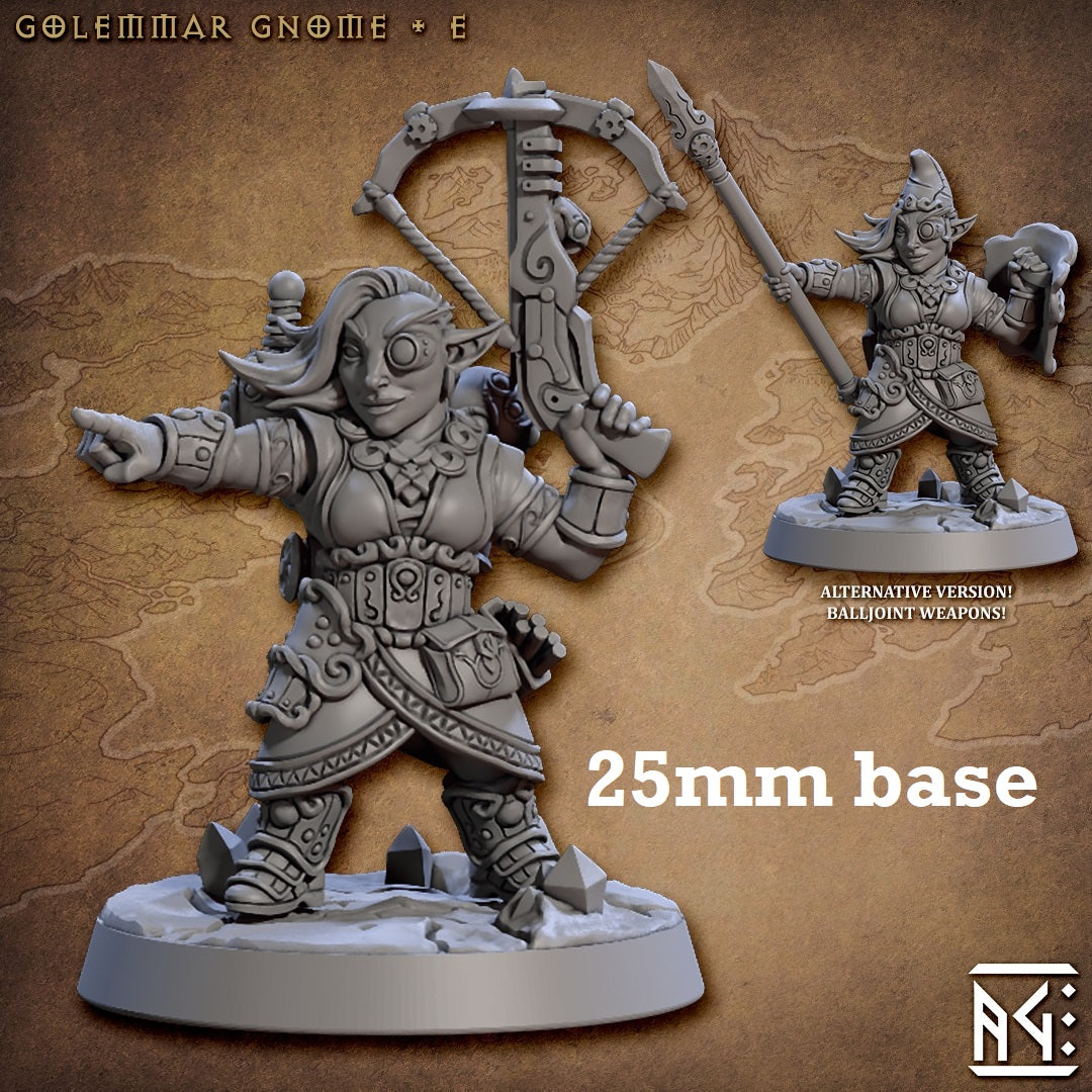 Image shows 3D renders of two sculpt options for a gnome artificer gaming miniature.