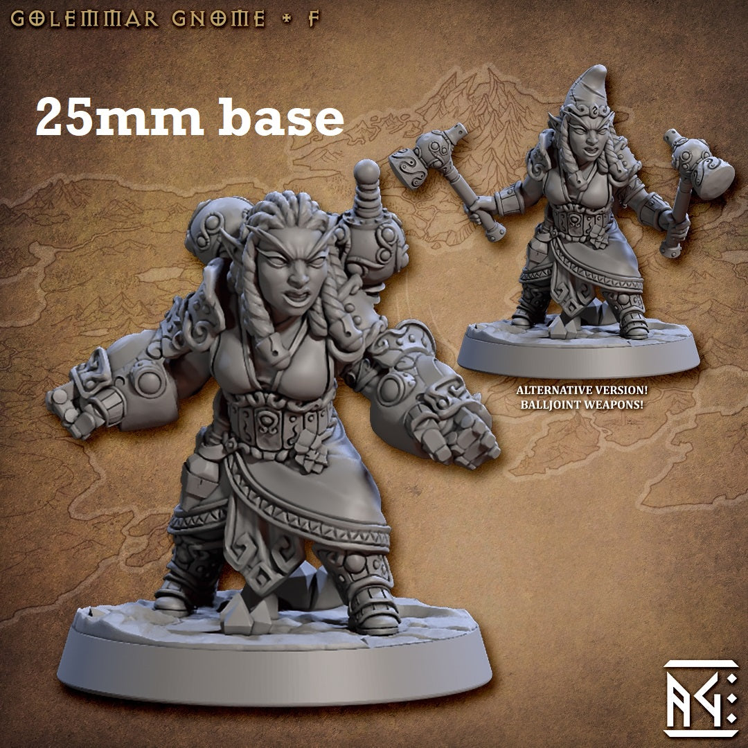Image shows 3D renders of two sculpt options for a gnome artificer gaming miniature.