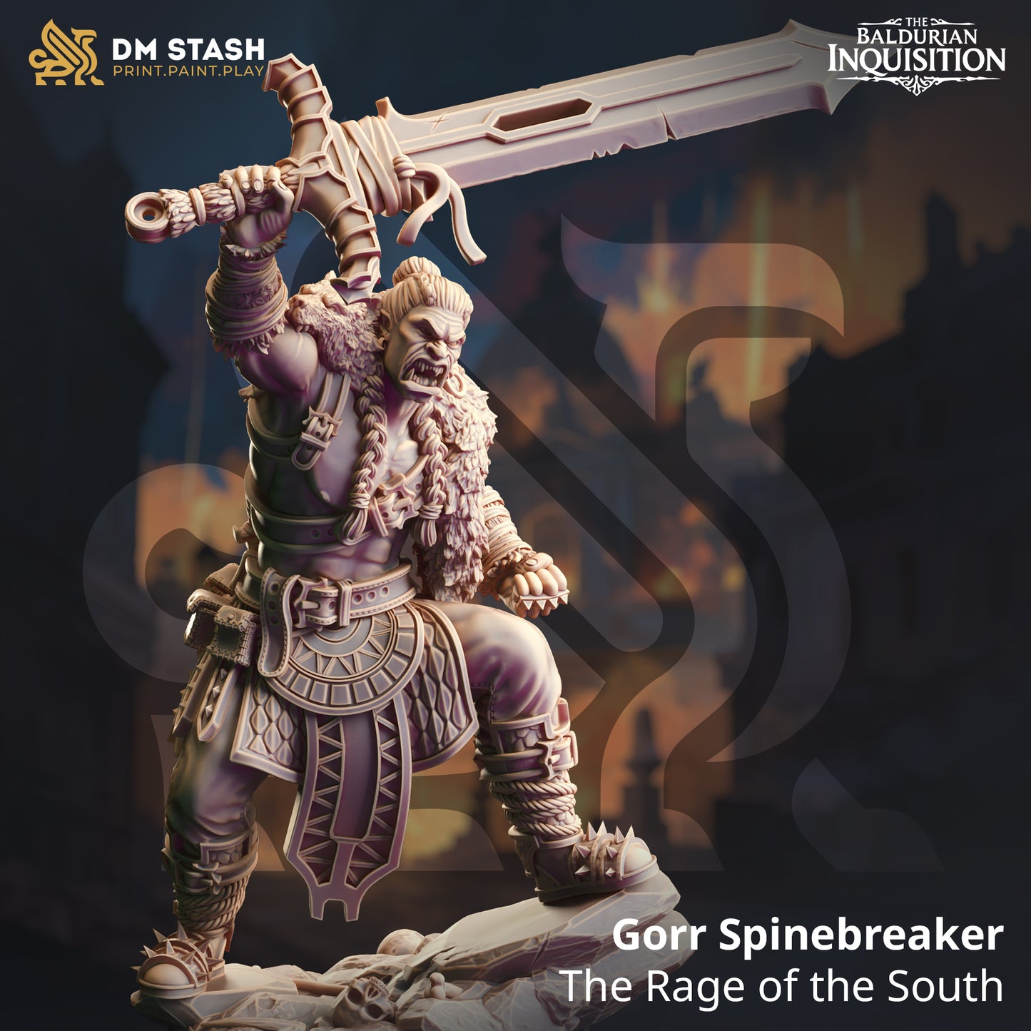 Image shows a 3D render of a half-orc barbarian gaming miniature.