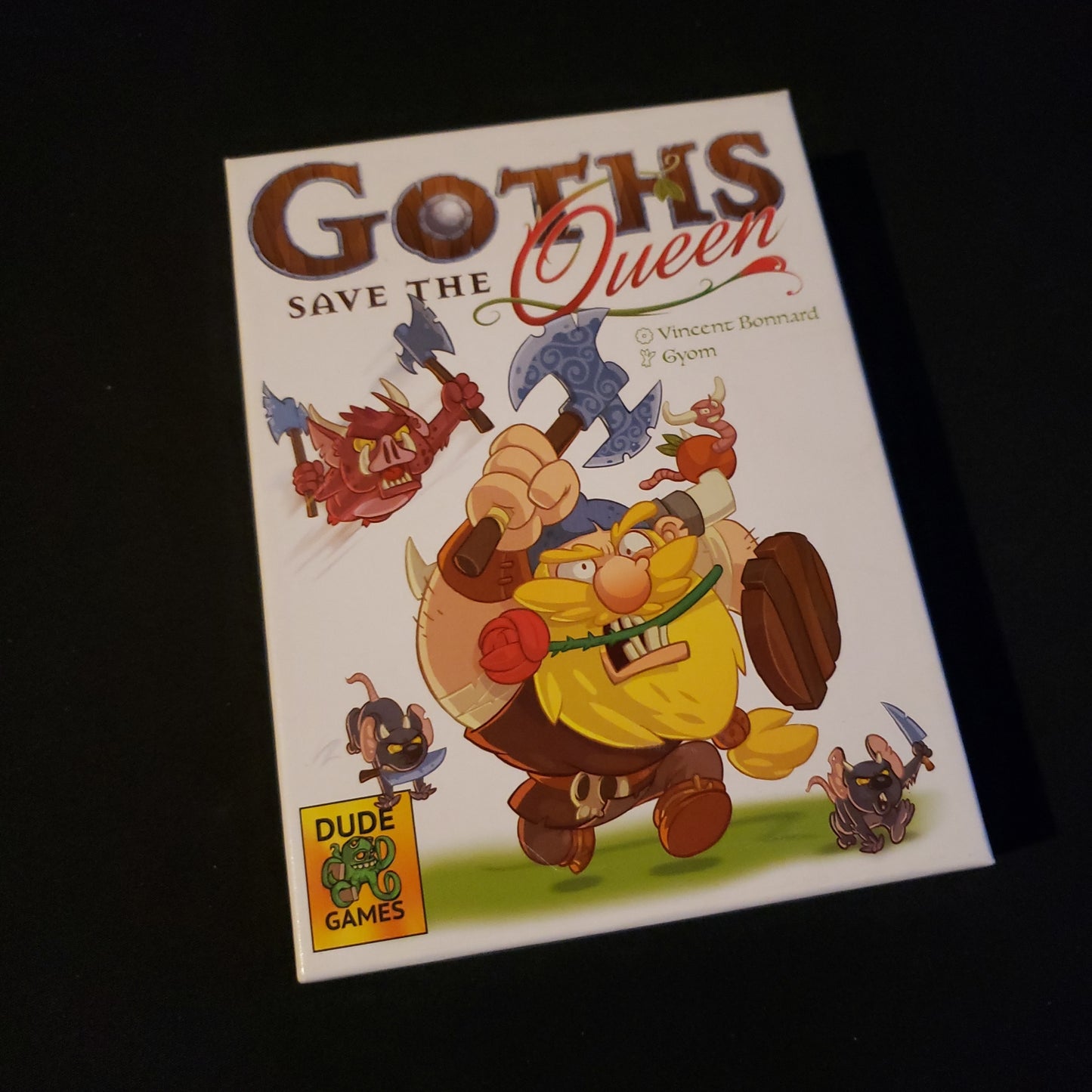 Image shows the front cover of the box of the Goths Save the Queen board game