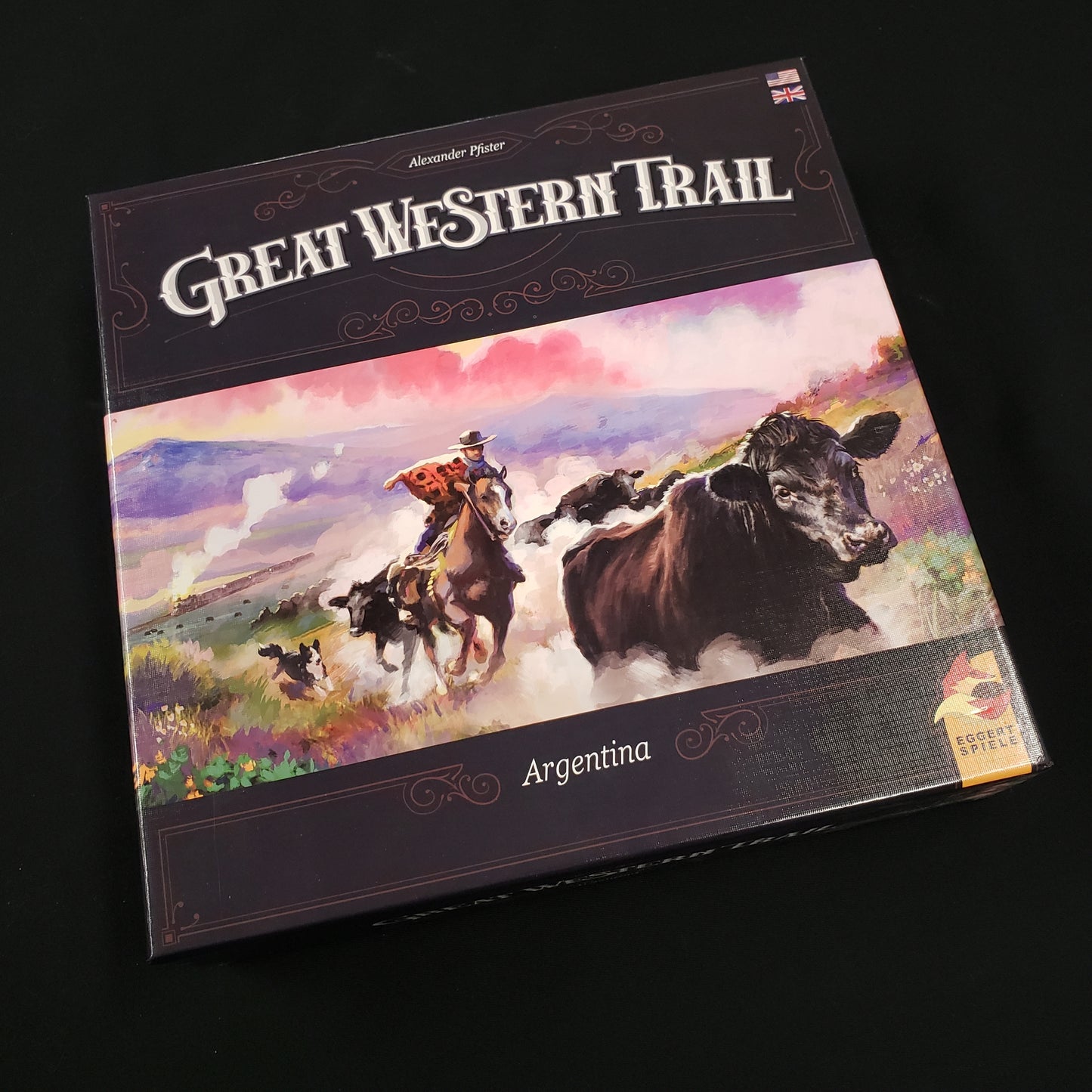 Image shows the front cover of the box of the Great Western Trail: Argentina board game