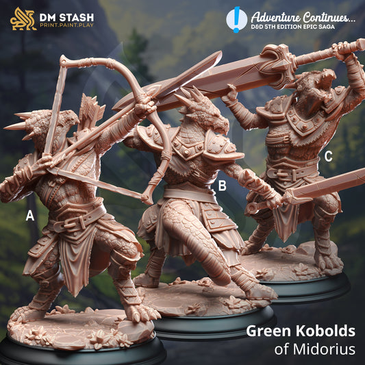 Image shows 3D renders of three different options for a green kobold gaming miniature; a ranger, a fighter, and a barbarian