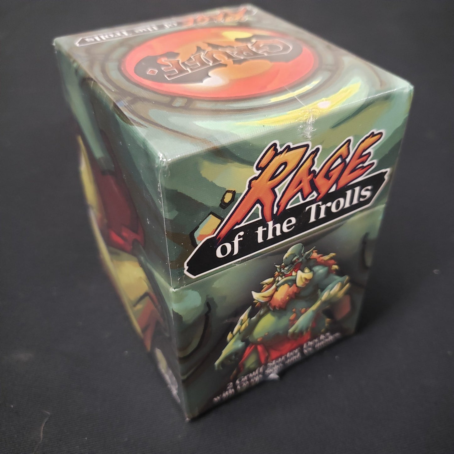 Image shows the side of the box of the Gruff: Rage of the Trolls card game